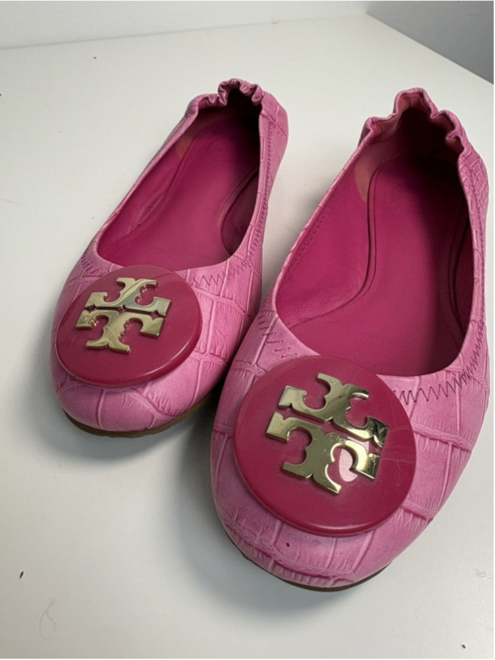 Retro Tory Burch Reva Ballet Flats Pink Croc Embossed Leather Gold Logo 6.5 - Picture 7 of 11